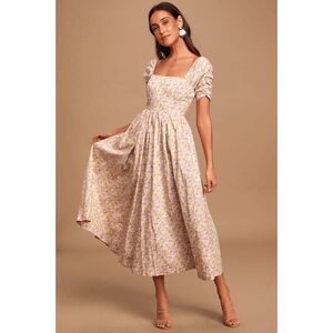Free People She's A Dream Cream Floral Short Puff Sleeve Midi Dress Women's